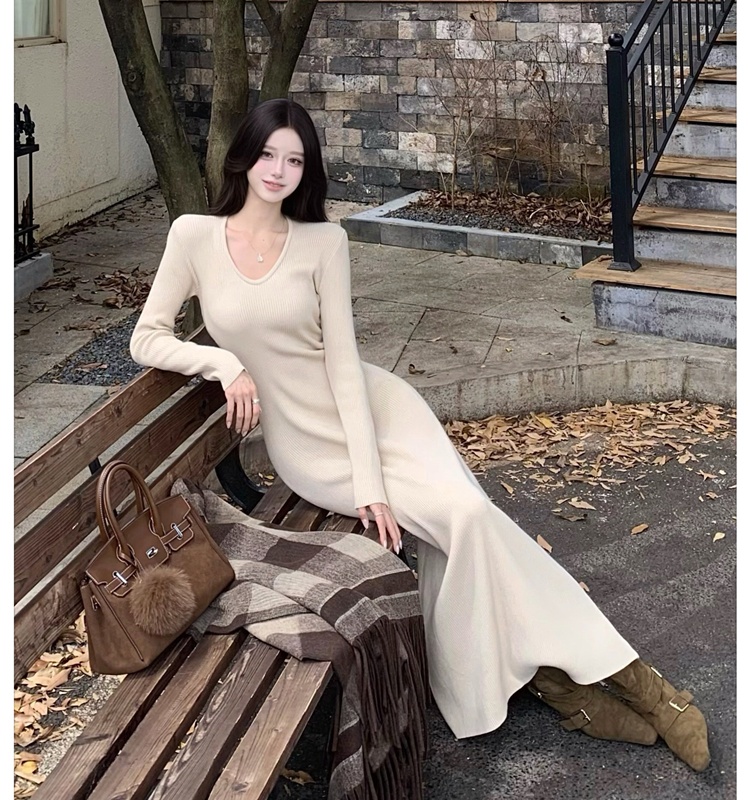 Bottoming knitted long dress package hip dress