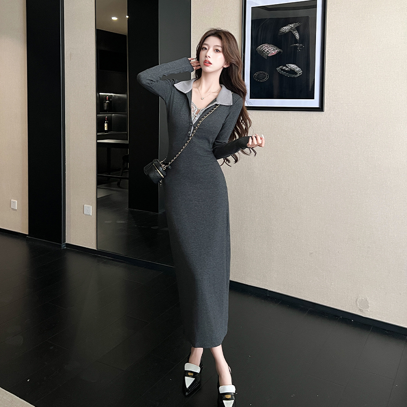 Long sleeve lapel slim Pseudo-two lace autumn and winter dress