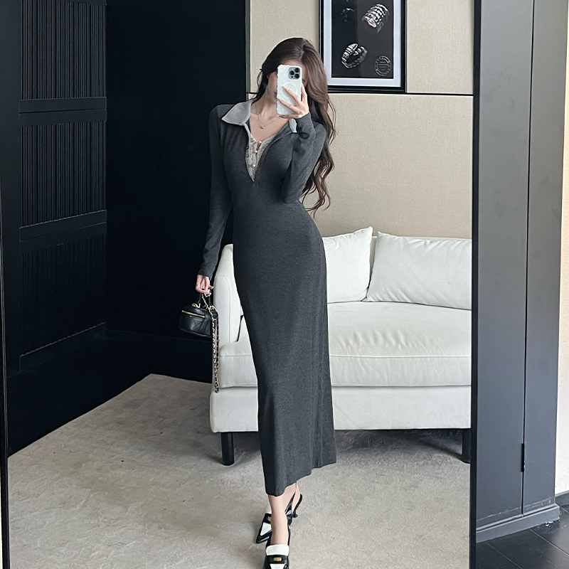 Long sleeve lapel slim Pseudo-two lace autumn and winter dress