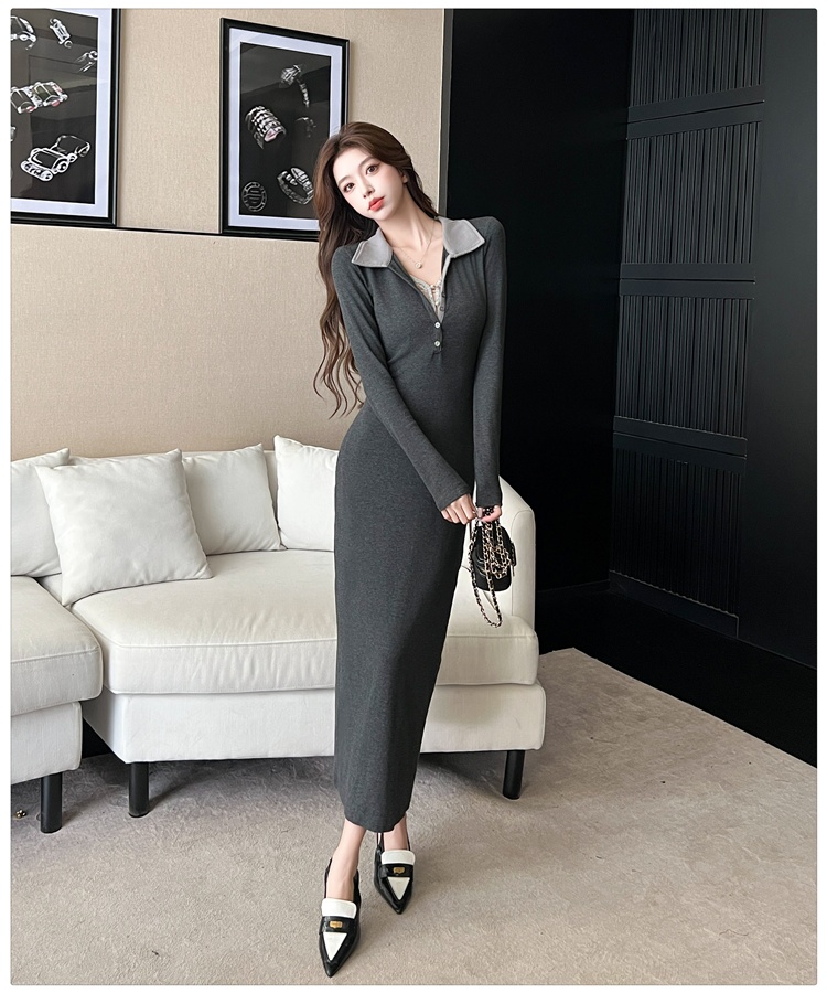 Long sleeve lapel slim Pseudo-two lace autumn and winter dress