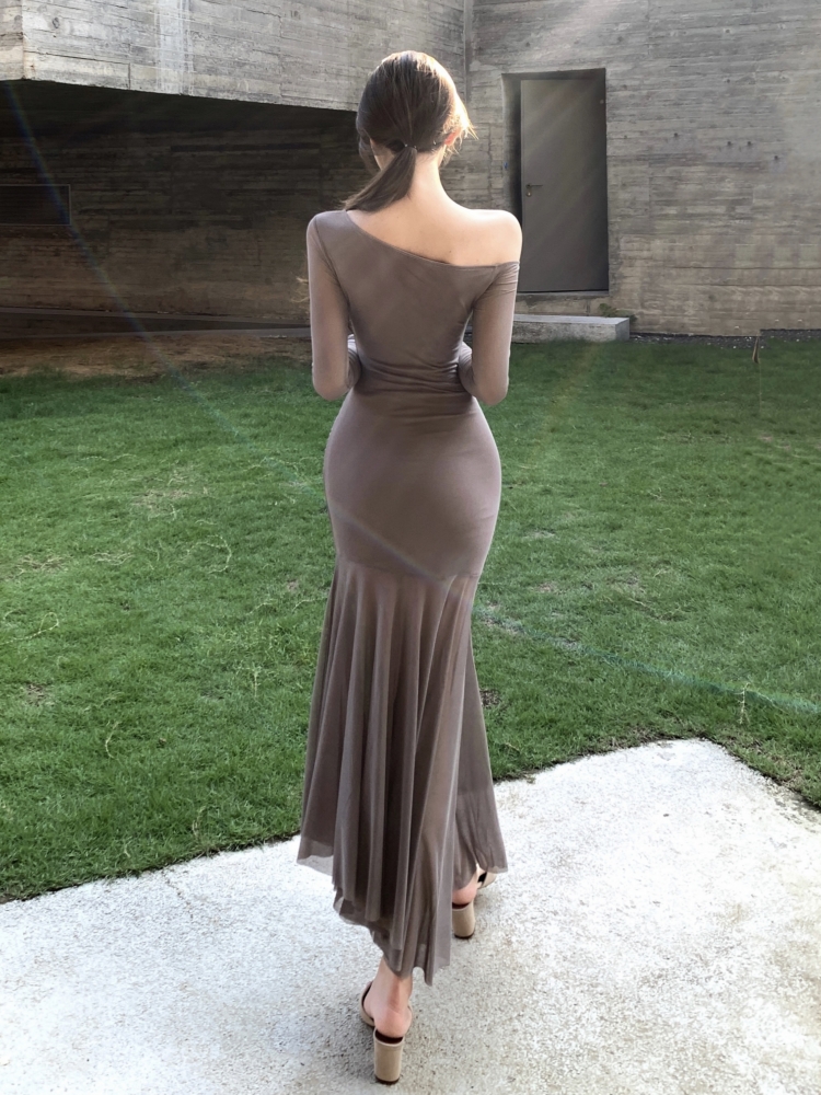 Hollow long sleeve slim long sloping shoulder dress
