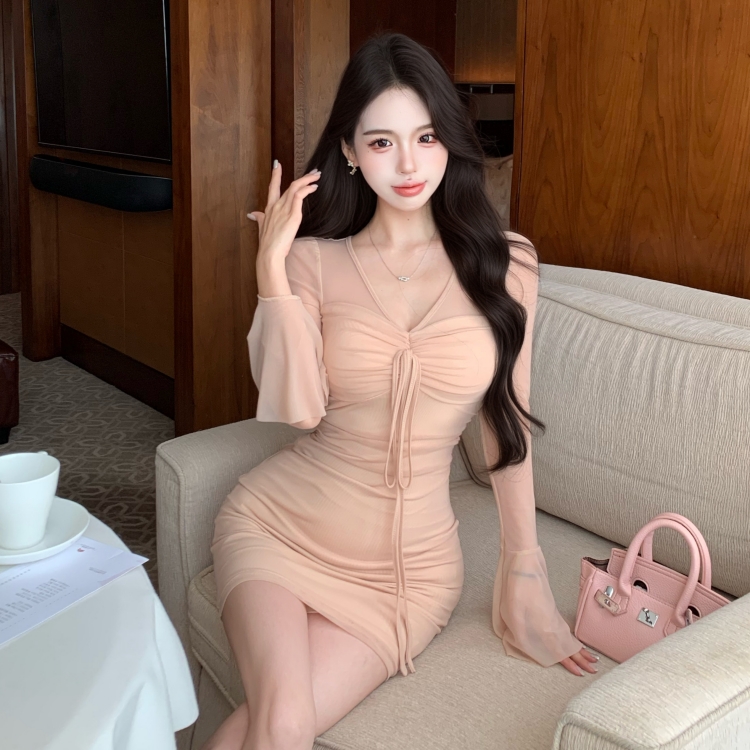 V-neck spicegirl trumpet sleeves short long sleeve slim dress