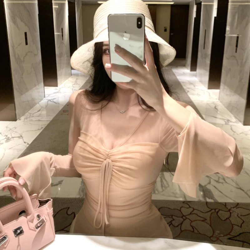 V-neck spicegirl trumpet sleeves short long sleeve slim dress