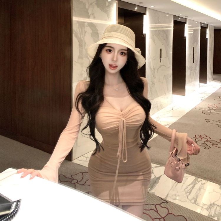 V-neck spicegirl trumpet sleeves short long sleeve slim dress