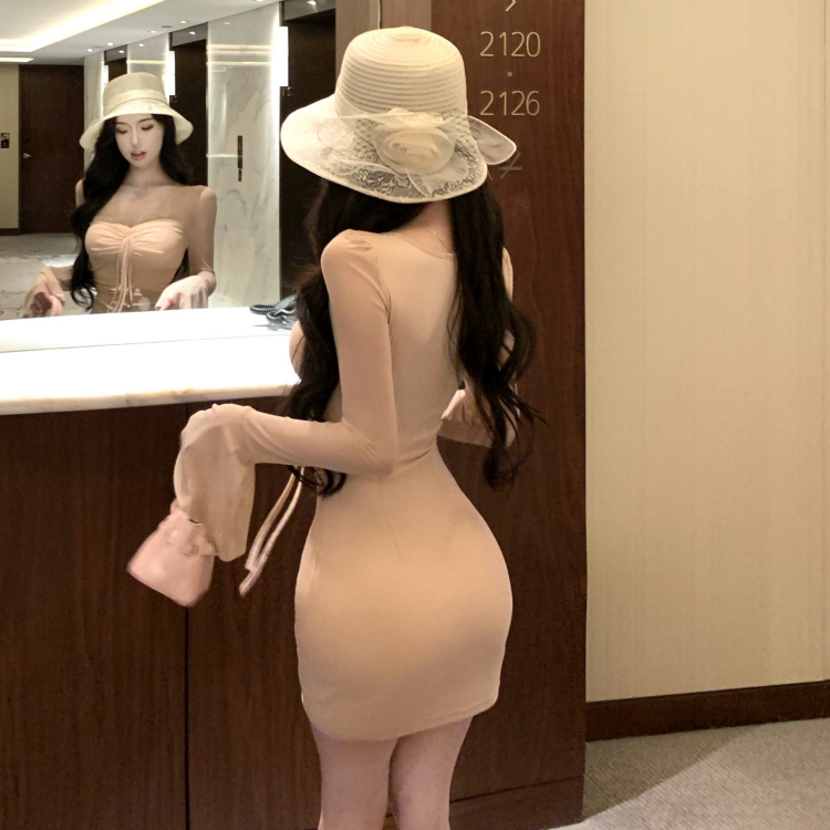 V-neck spicegirl trumpet sleeves short long sleeve slim dress