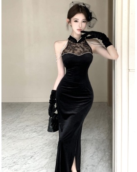 Velvet long cheongsam split slim dress