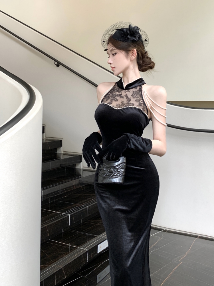 Velvet long cheongsam split slim dress