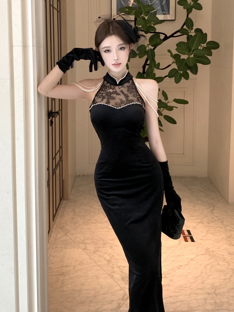 Velvet long cheongsam split slim dress