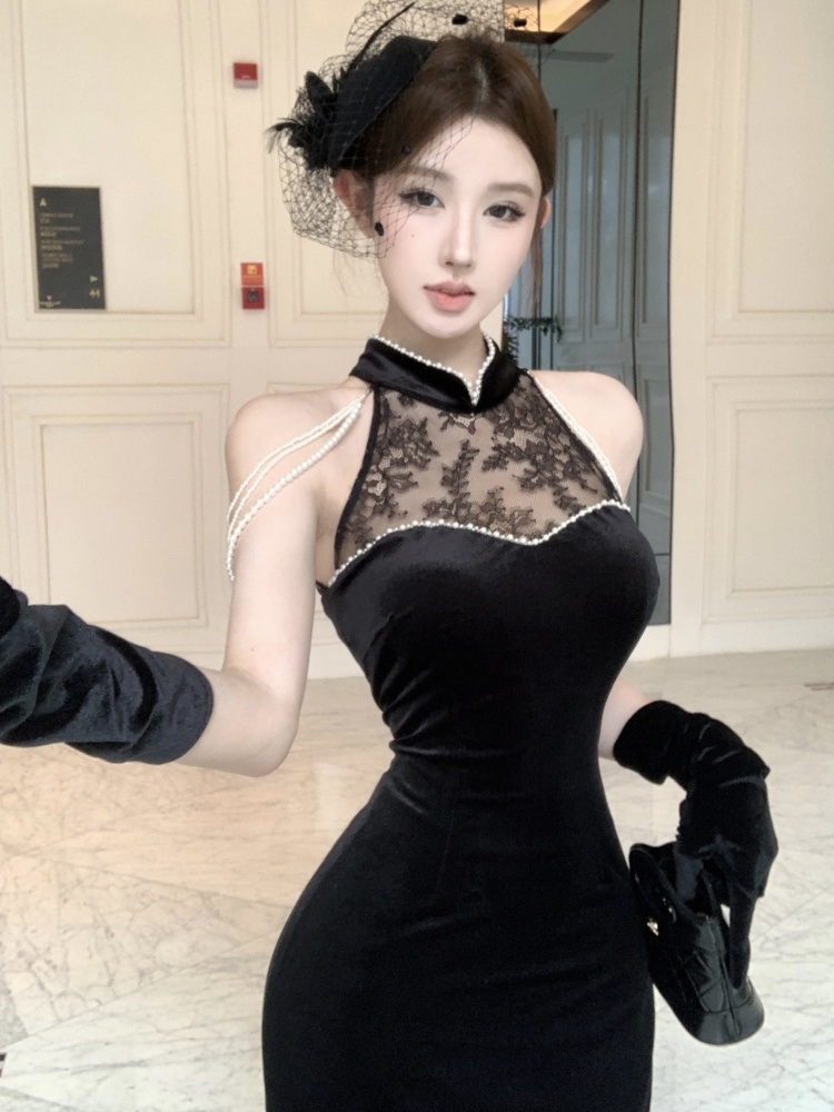 Velvet long cheongsam split slim dress