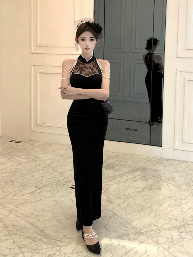 Velvet long cheongsam split slim dress