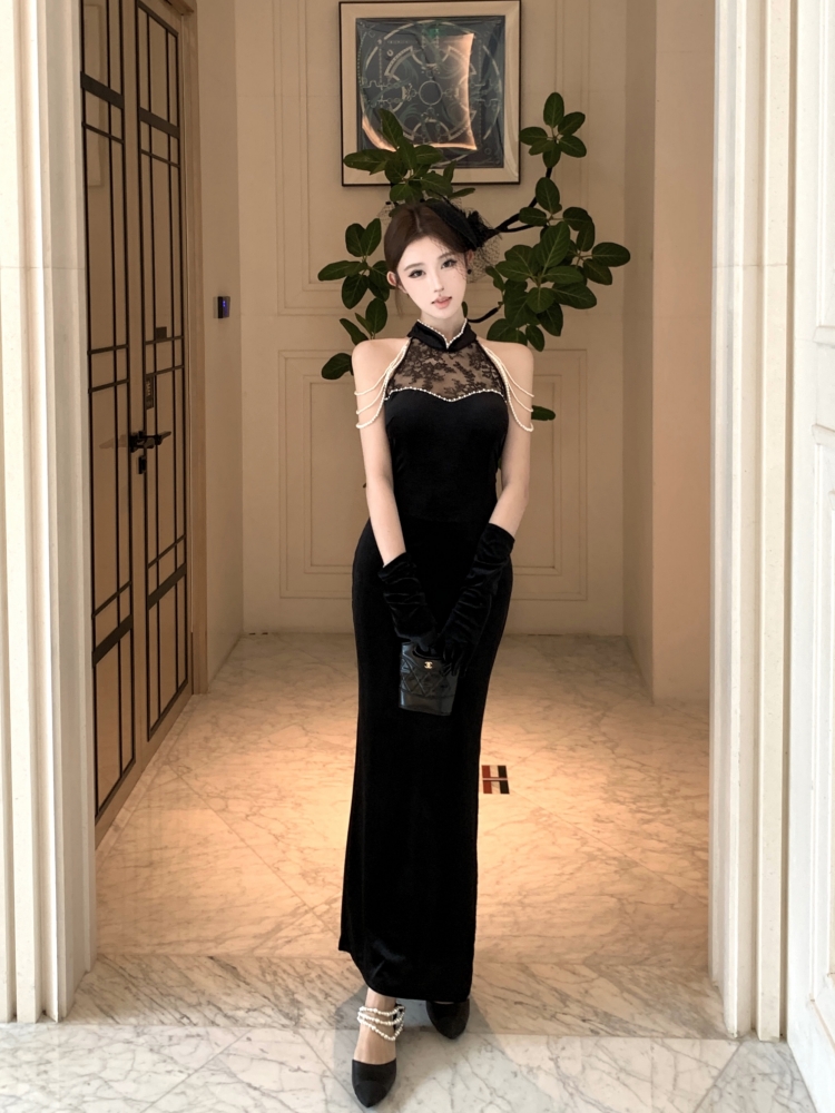 Velvet long cheongsam split slim dress