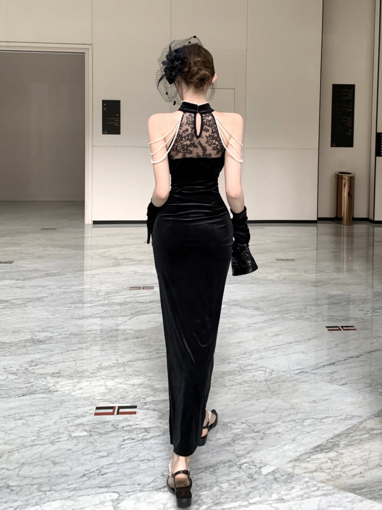 Velvet long cheongsam split slim dress