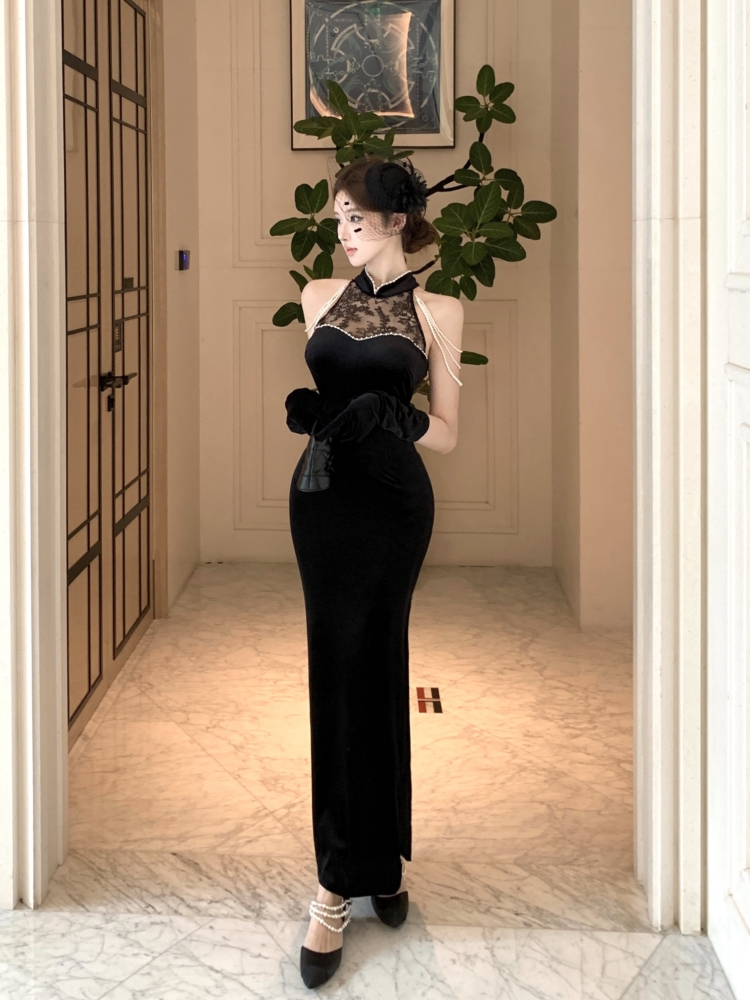 Velvet long cheongsam split slim dress
