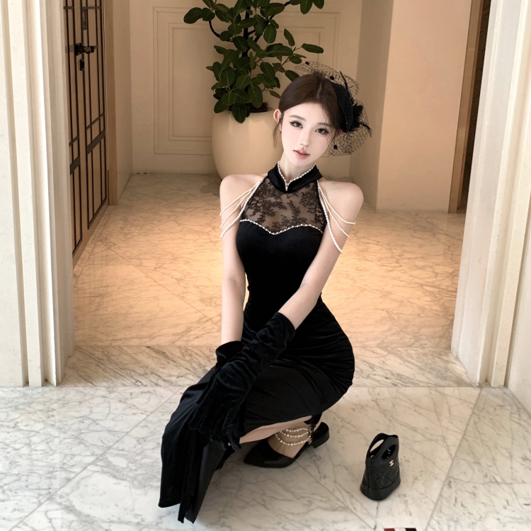 Velvet long cheongsam split slim dress