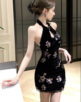 Short slim sleeveless cheongsam cstand collar halter dress