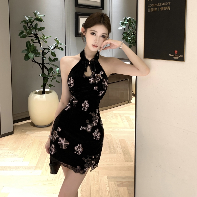 Short slim sleeveless cheongsam cstand collar halter dress