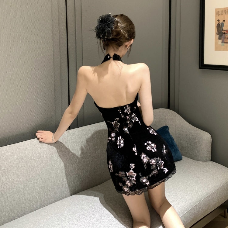 Short slim sleeveless cheongsam cstand collar halter dress