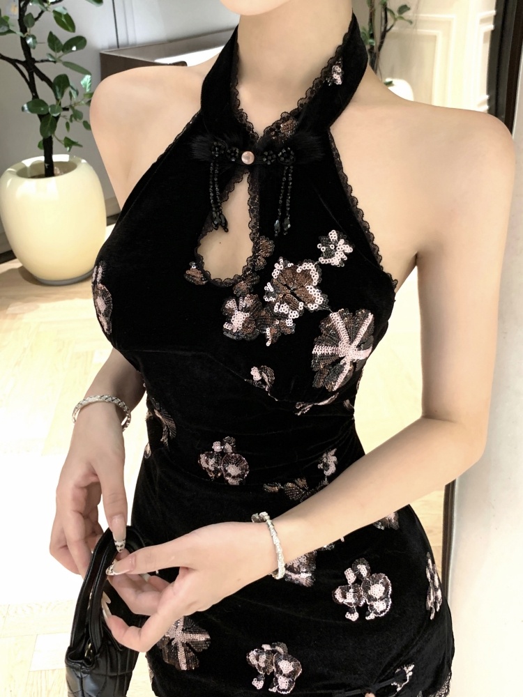 Short slim sleeveless cheongsam cstand collar halter dress