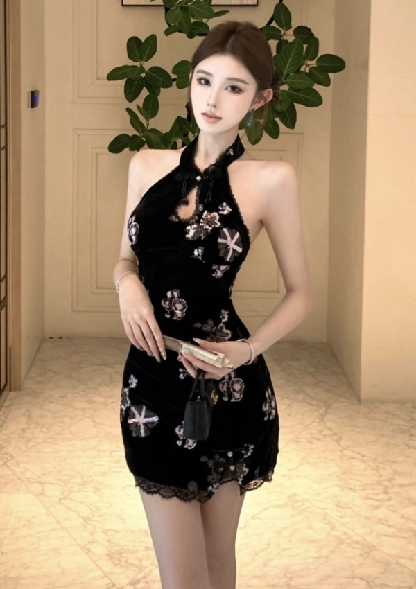 Short slim sleeveless cheongsam cstand collar halter dress