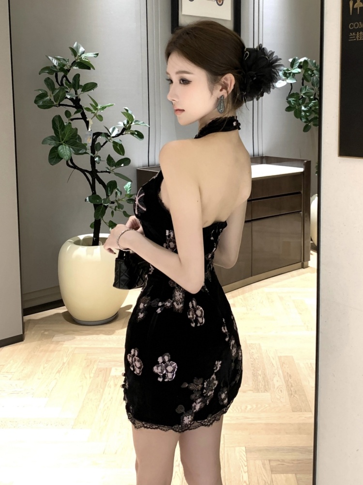 Short slim sleeveless cheongsam cstand collar halter dress