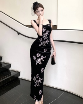 Velvet embroidered sling pants sequins long slim dress