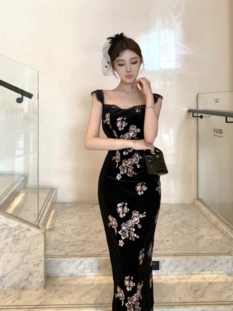 Velvet embroidered sling pants sequins long slim dress