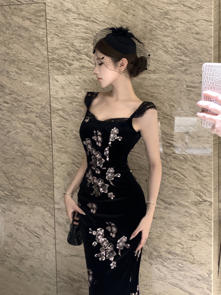 Velvet embroidered sling pants sequins long slim dress