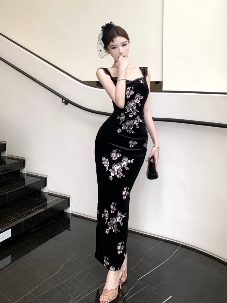 Velvet embroidered sling pants sequins long slim dress