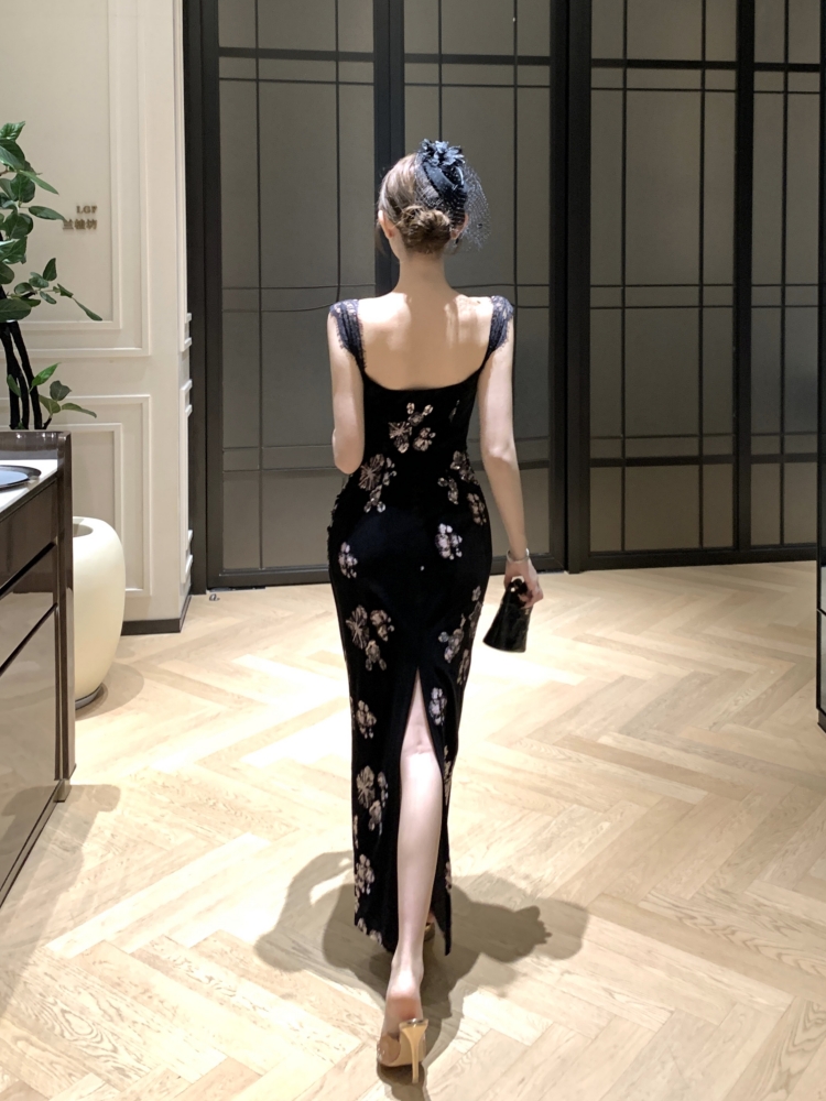 Velvet embroidered sling pants sequins long slim dress