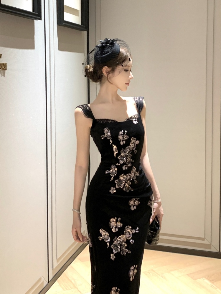 Velvet embroidered sling pants sequins long slim dress