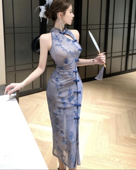 Cstand collar slim cheongsam flocking dress