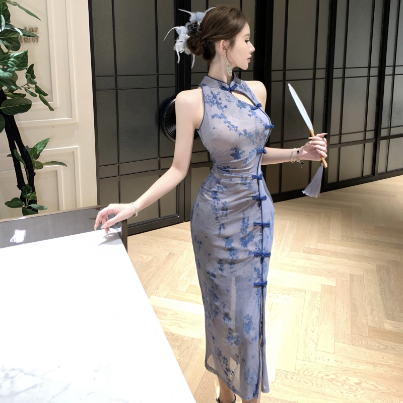 Cstand collar slim cheongsam flocking dress