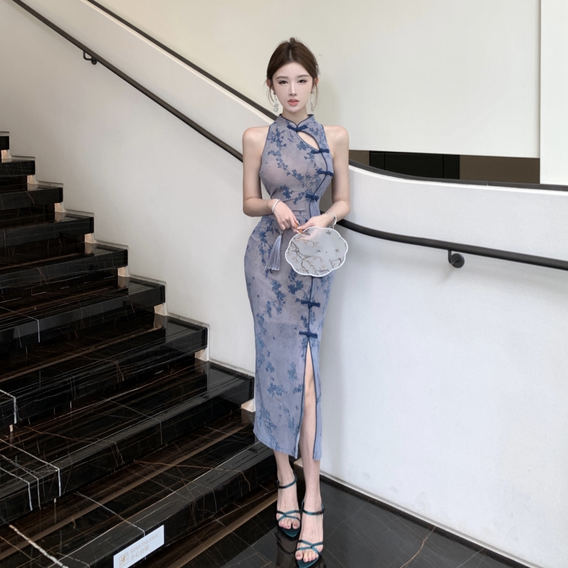 Cstand collar slim cheongsam flocking dress