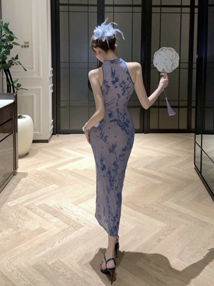 Cstand collar slim cheongsam flocking dress