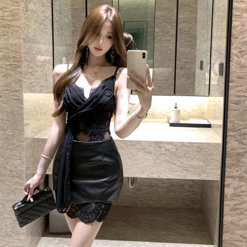Skirt hem gauze short skirt irregular sling tops 2pcs set