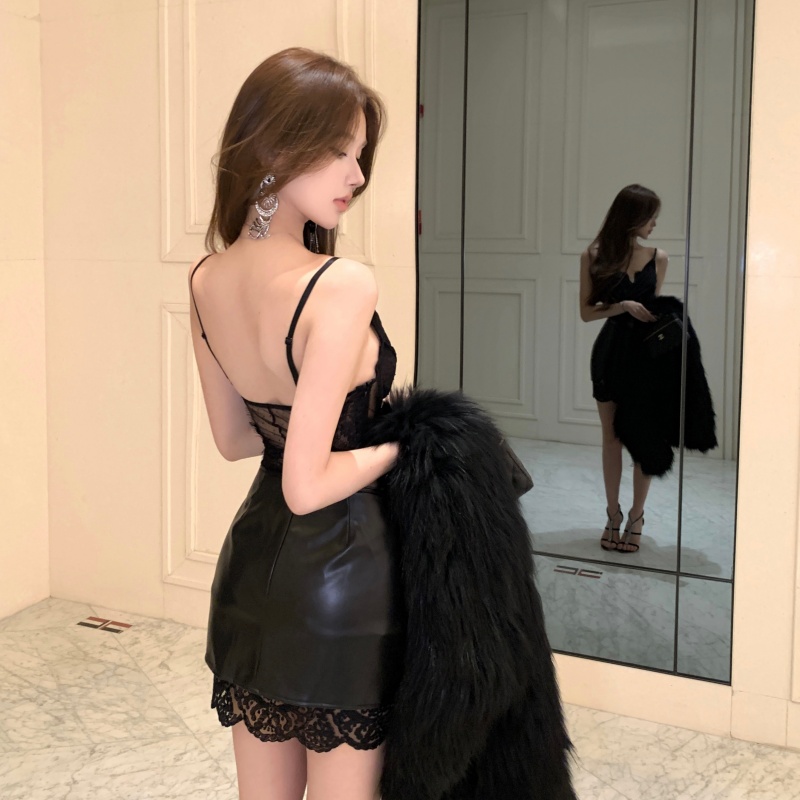 Skirt hem gauze short skirt irregular sling tops 2pcs set