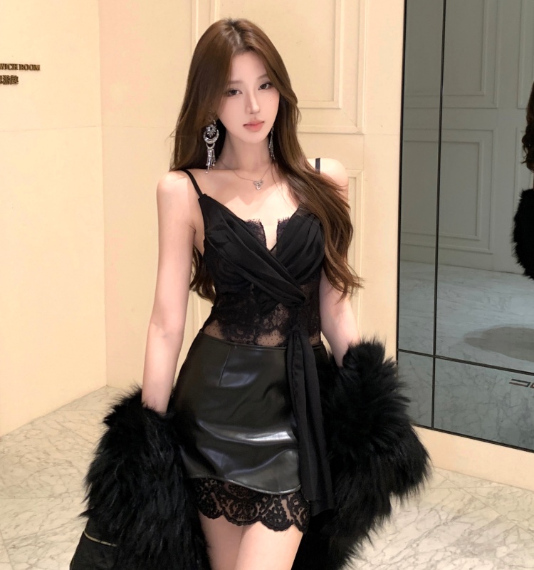 Skirt hem gauze short skirt irregular sling tops 2pcs set