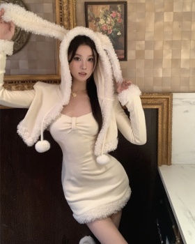 Sling long sleeve slim dress lovely rabbit ears coat 2pcs set