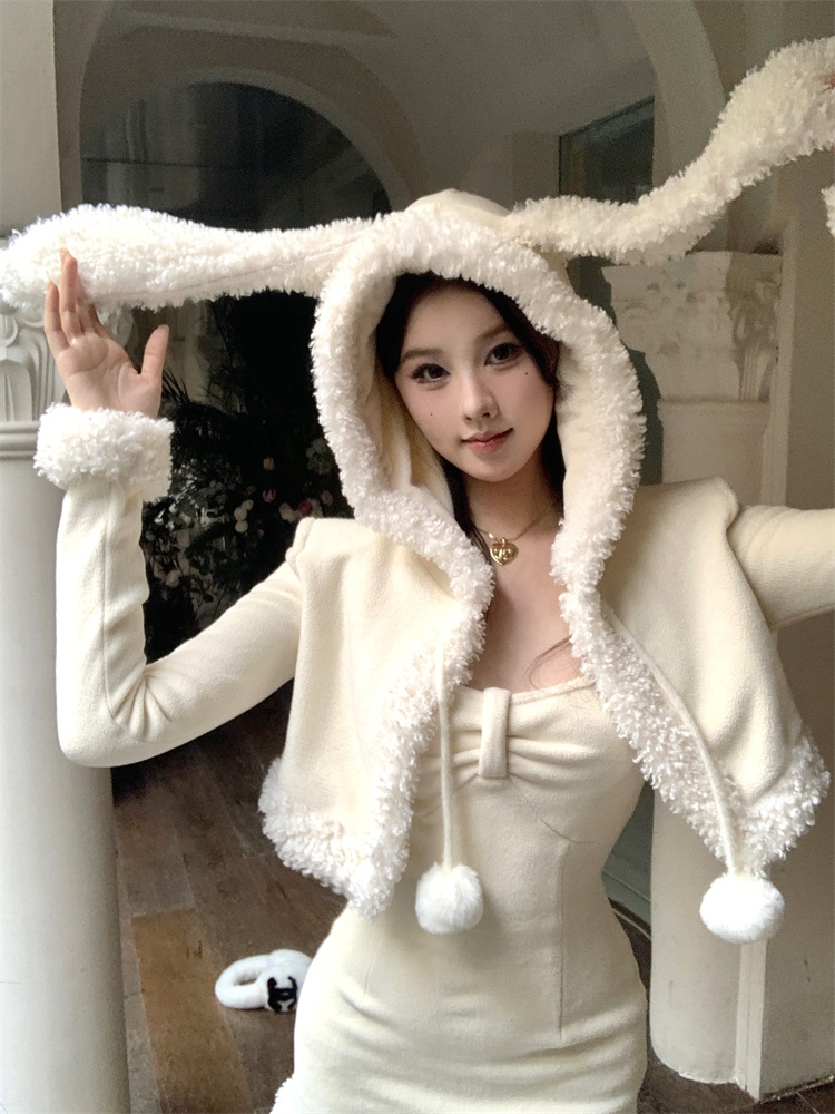 Sling long sleeve slim dress lovely rabbit ears coat 2pcs set