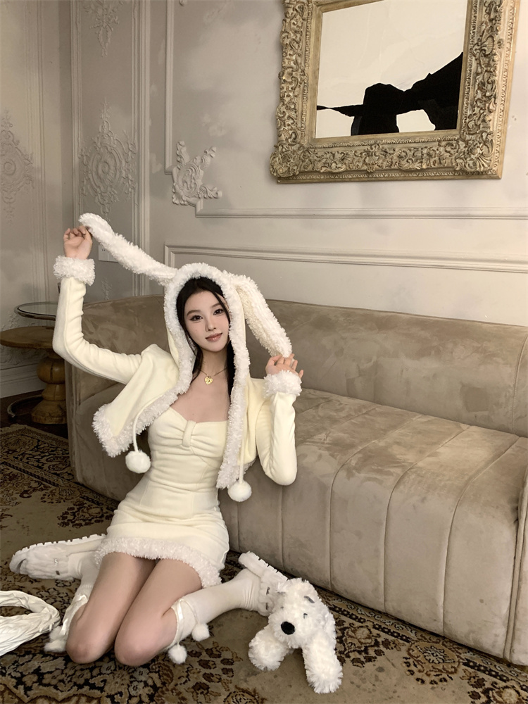 Sling long sleeve slim dress lovely rabbit ears coat 2pcs set