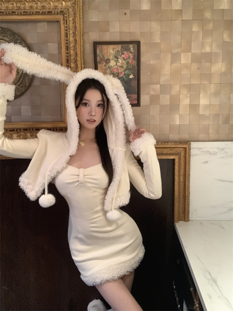 Sling long sleeve slim dress lovely rabbit ears coat 2pcs set