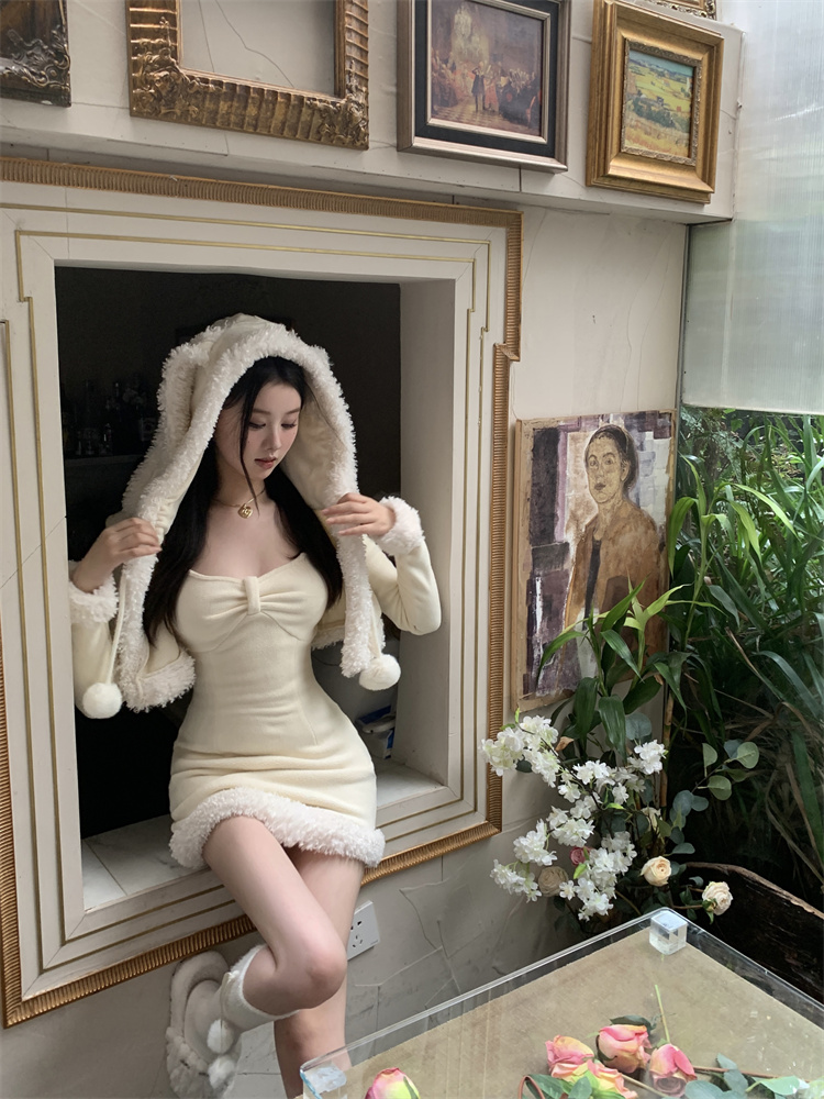 Sling long sleeve slim dress lovely rabbit ears coat 2pcs set