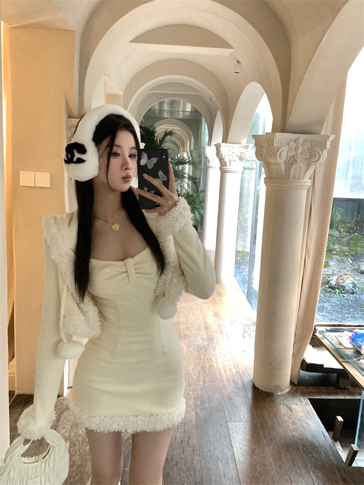 Sling long sleeve slim dress lovely rabbit ears coat 2pcs set