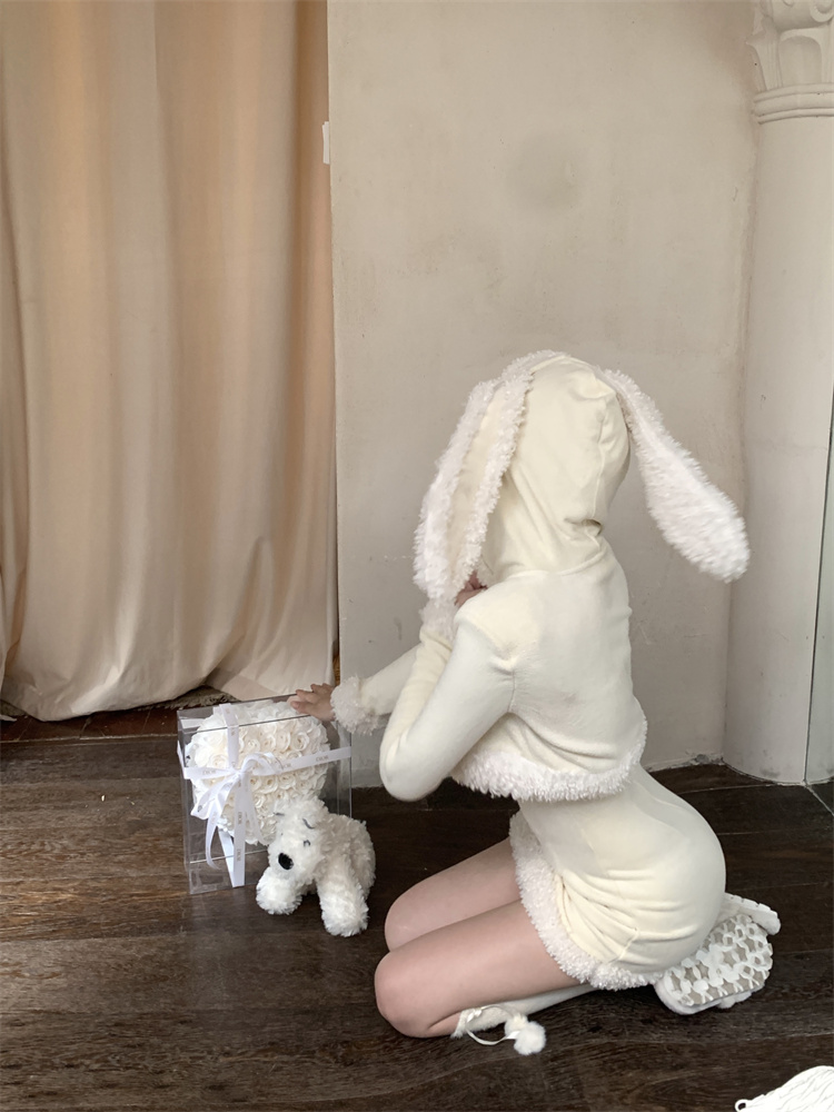 Sling long sleeve slim dress lovely rabbit ears coat 2pcs set