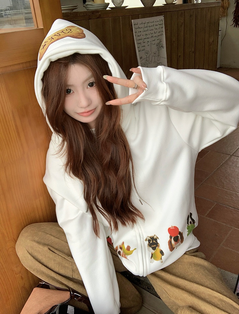 Embroidery plus velvet hoodie pure cotton tops for women