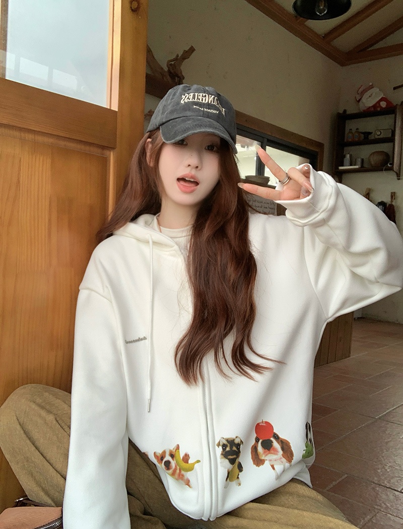 Embroidery plus velvet hoodie pure cotton tops for women