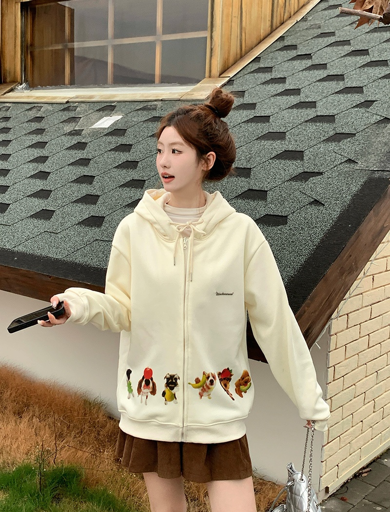 Embroidery plus velvet hoodie pure cotton tops for women