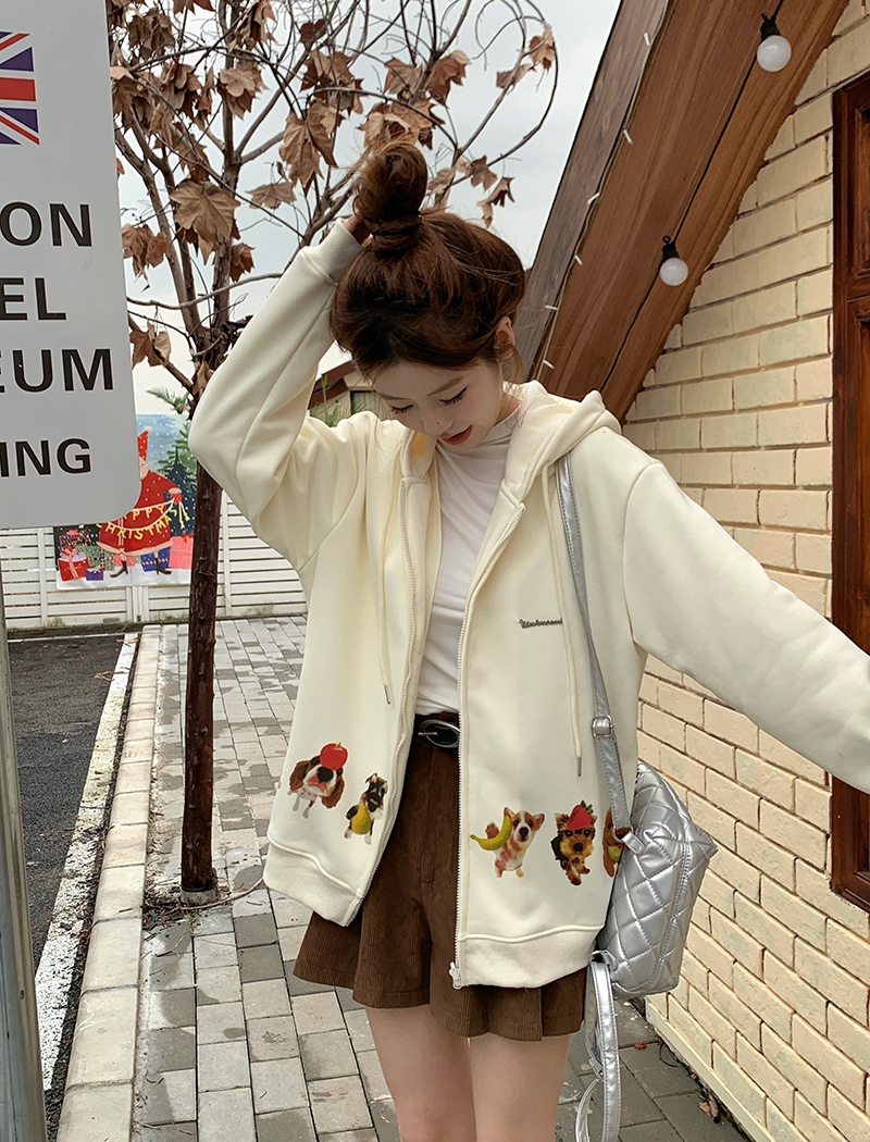 Embroidery plus velvet hoodie pure cotton tops for women