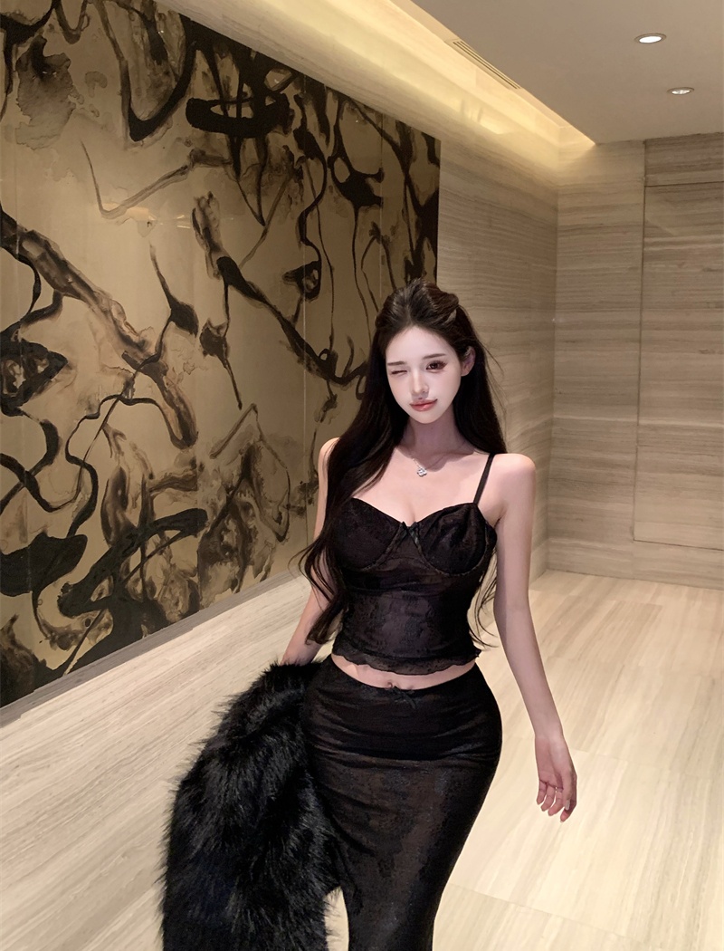 Sling sexy short skirt slim tops 2pcs set for women