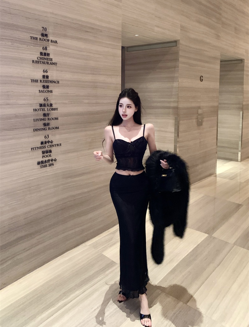 Sling sexy short skirt slim tops 2pcs set for women